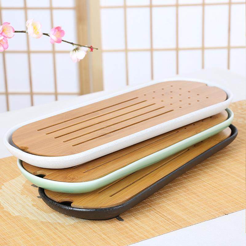 黑陶抚琴干泡盘长方形陶瓷小茶盘办公室竹制储水迷你日式竹制托盘