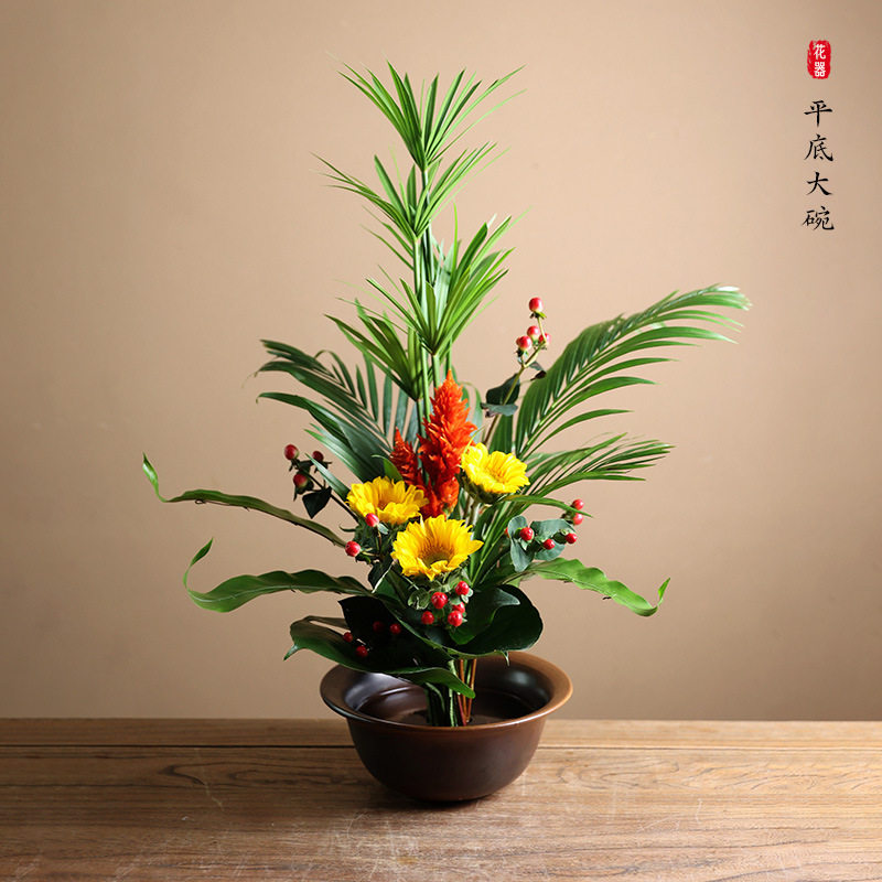 陶瓷中式平底花碗水培插花大花器复古禅意简约客厅桌面装饰摆件