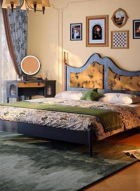 挪威床法式复床古实木主卧.M人中床新款古风双黑色软包床复古风