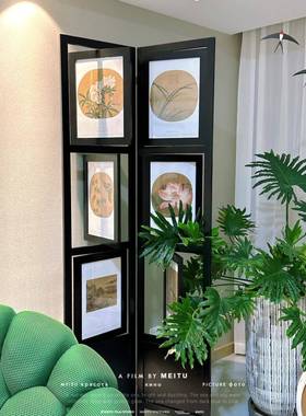 美式关实木移动欧式隔断客厅相复黑色60338轻奢中古旋转古框屏风