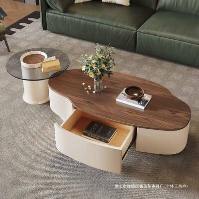 椭法复古风桃木色圆形茶几客厅芒果胡茶桌小VUH户式型家用极简中