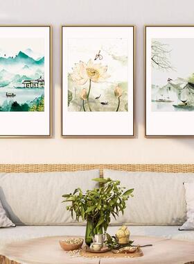 水墨南新荷中式客厅挂画AFX餐厅景装饰背画风景江花现代简约书房