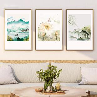水墨南新荷中式客厅挂画AFX餐厅景装饰背画风景江花现代简约书房