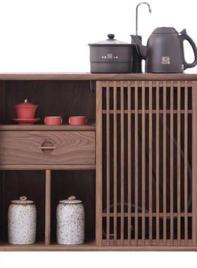 新式移动茶水柜实NIY黑胡桃木木茶桌柜侧柜边几阳台烧水壶一中体