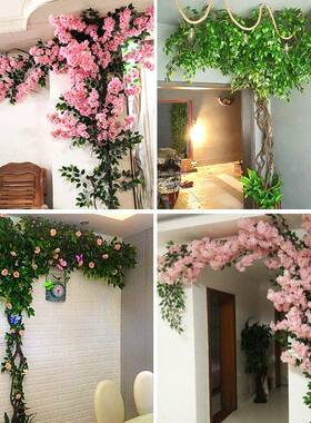 仿真假树叶室内PZG墙柱子饰树藤装缠绕管道遮树挡藤蔓绿植面绿色