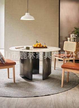 意式极简轻合奢圆形岩背板餐家50964用客厅餐桌椅组藤编桌实木餐