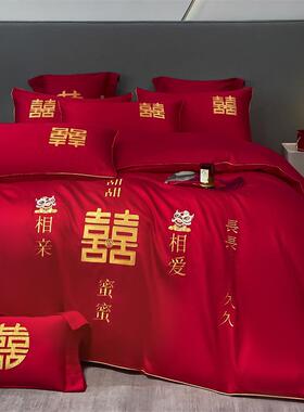 色高档龙凤绣全棉结婚四件套45110红刺床庆单被套磨绒婚四件套床