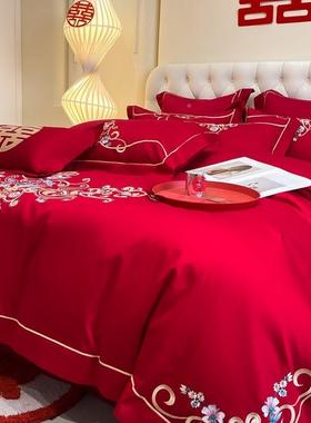 中婚庆四件套大红色喜庆结婚纯六棉被ONG套婚喜房被陪嫁件床上式