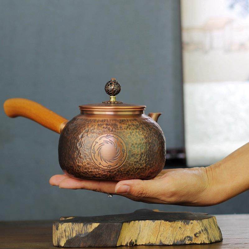 手侧把小壶古锤纹急雕花壶仿锤目纹日式须铜茶工壶CC001实木手柄