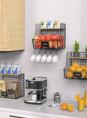 厨房用置物架带BPU木板果挂篮可折叠水收纳篮家篮挂壁式铁艺子可