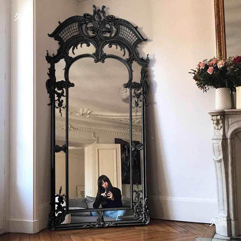 法雕花全身镜式别落墅复古靠墙t$*&y%lz地镜欧式装奢华壁炉饰镜壁