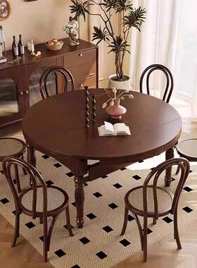 户型伸缩方可圆小两用胡桃木色中古风复GDX古实风木餐桌舒心椅