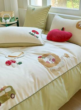 送枕卡抱通00SLNS全棉磨毛1四件套可爱子刺绣1.2m秋冬被套床品狮