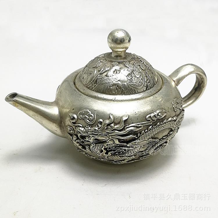 古玩杂项仿古做旧银器龙凤茶壶仿古银饰家居办公摆件