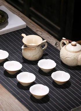 现货苏氏陶瓷G76103浅棕釉浮雕荷叶莲花杯茶具套装陶瓷茶具