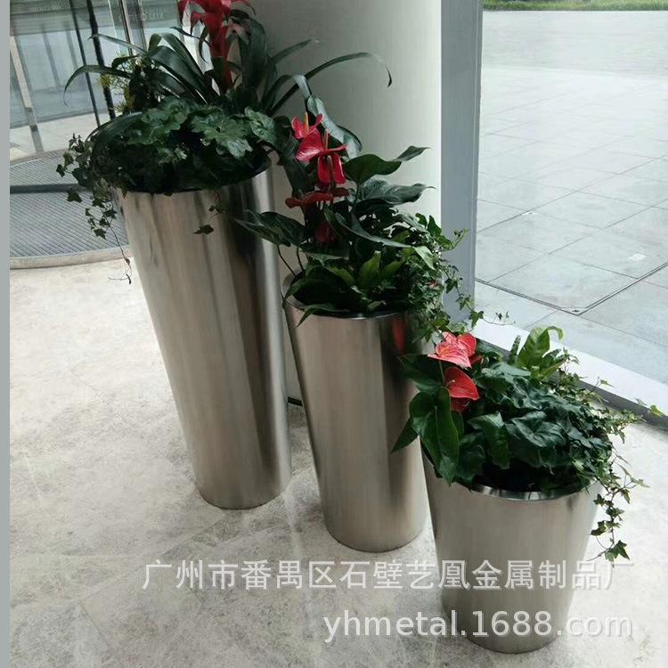 不锈钢花盆圆形不锈钢拉丝组合金属花盆花钵三个为一套的高低花盆