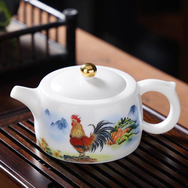宋瑜金鸡报晓茶壶大容量井栏壶金壶手绘生肖鸡家用羊脂玉瓷泡茶壶