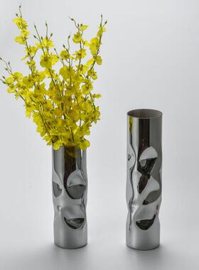 现代简约欧式烟灰色玻璃管圆柱花器花瓶摆件样板房售楼处软装饰品