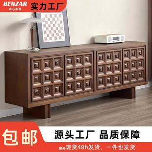 中古风全实木电视柜西班牙粗野浮雕红橡木餐边柜胡桃色艺术储物柜