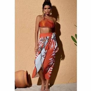 2024欧美新款 分体泳衣聚拢裹胸三件套抽褶显瘦单肩外贸bikini