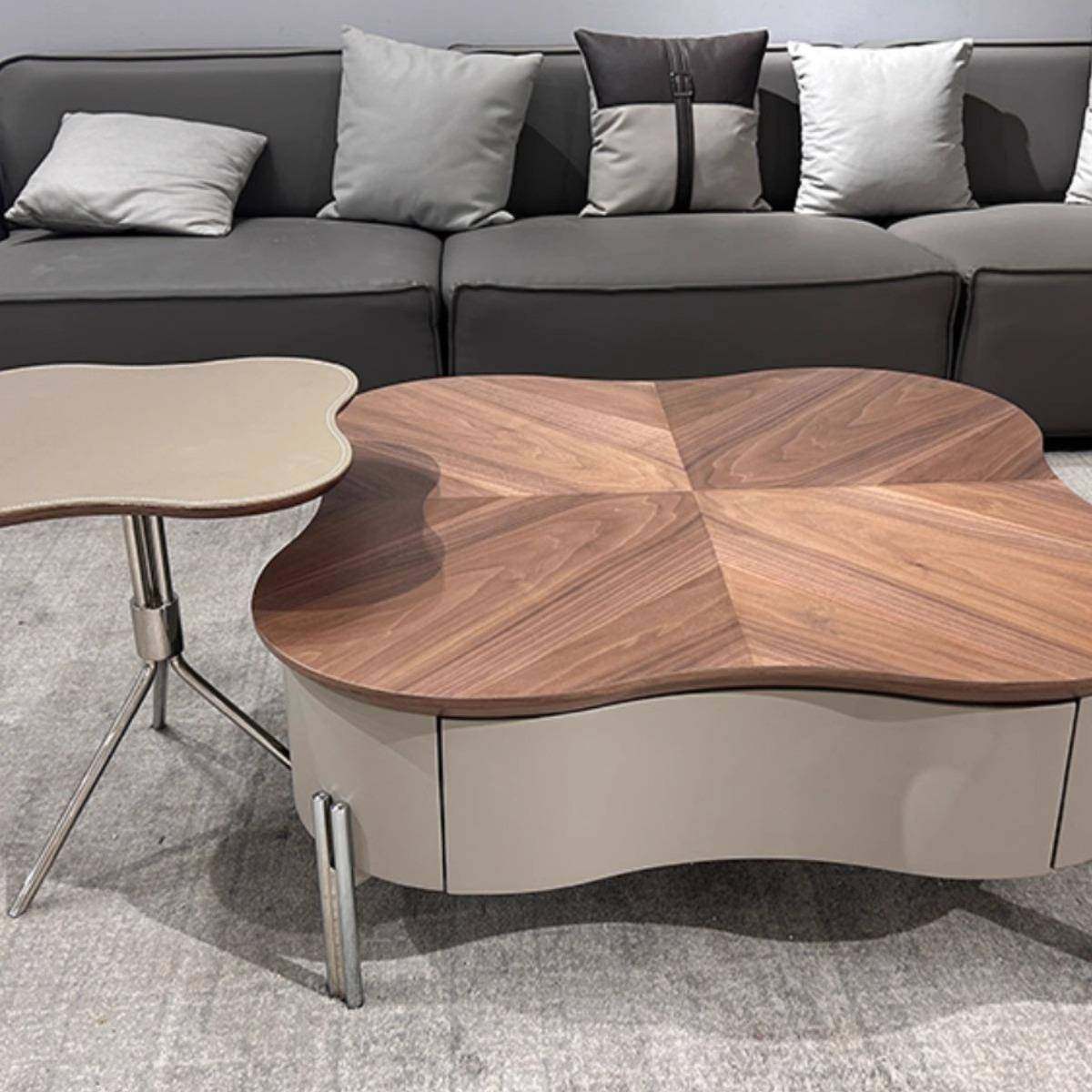 新款胡桃木中古奶油风异形茶几组合客厅家用现代简约设计师花瓣形