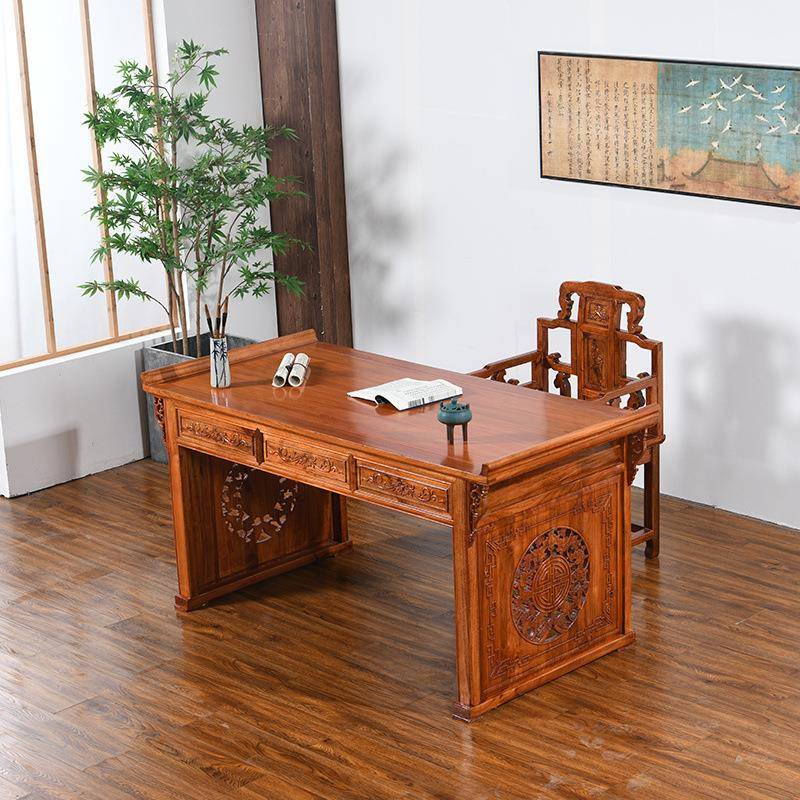 学五福书桌仿古书法桌用老322板办公桌画案国书画实家木书雕桌中