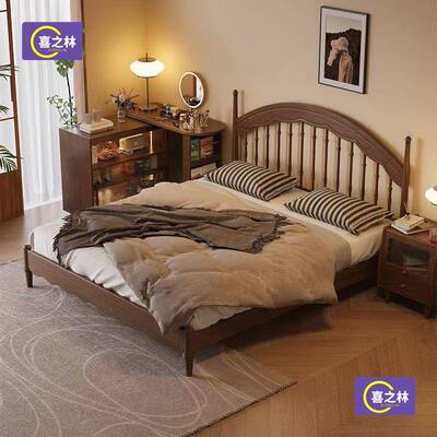 新式桃木18045竖琴中大床温床板床中纯胡实木单人莎床全实木双人