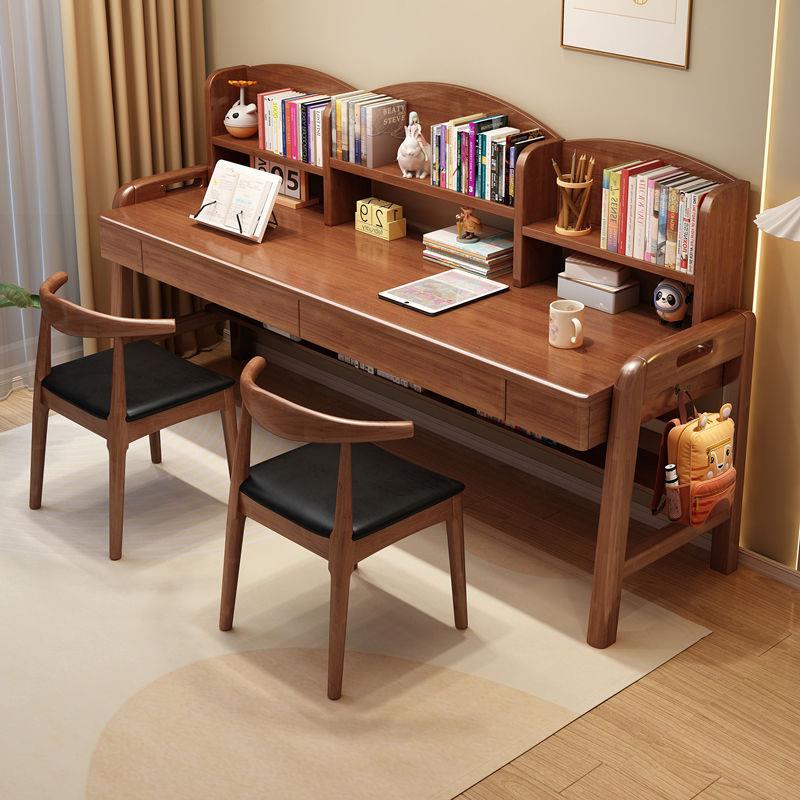 儿中童书书生架组合一体实木双人学习桌家用卧室小学写桌JAX字桌