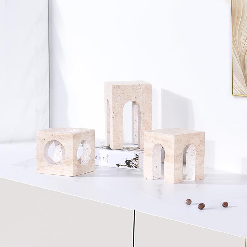 代极简黄洞石现几何摆品件样IHO板房售楼处酒店客厅玄关面装桌饰