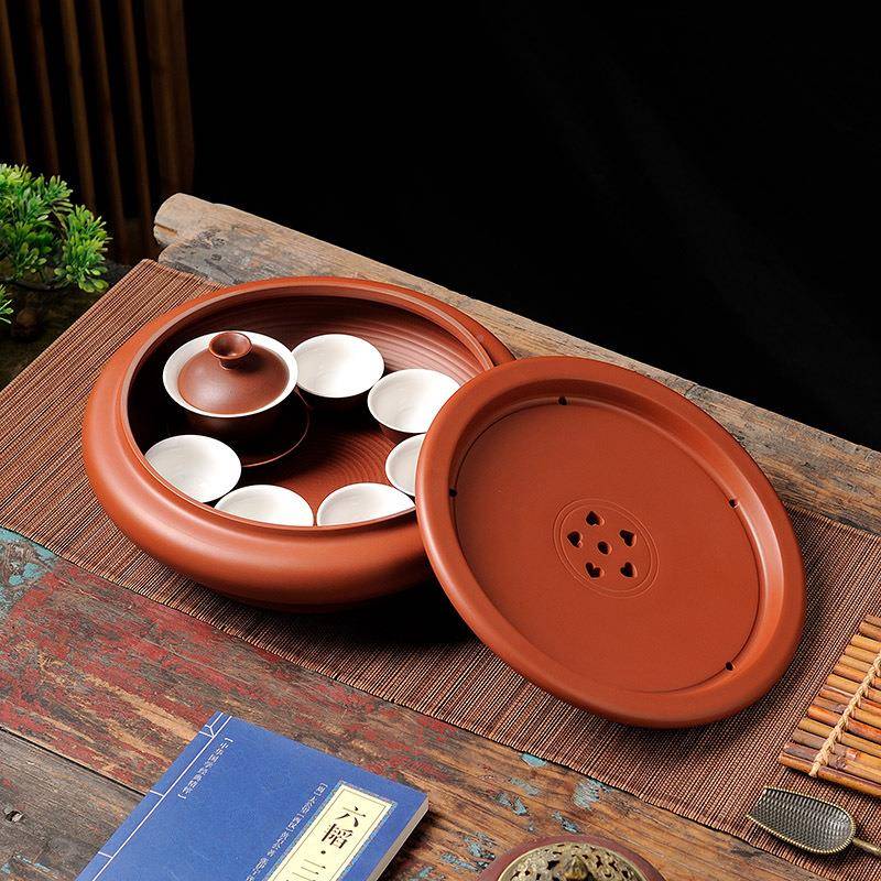 安潮州朱泥紫手拉茶盘顺家用大小圆老形砂茶船储水干ECY泡台茶海