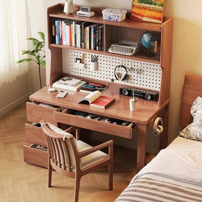 实木书桌书架体桌带洞板学生家用洞写字桌一卧室脑桌电简约学9722