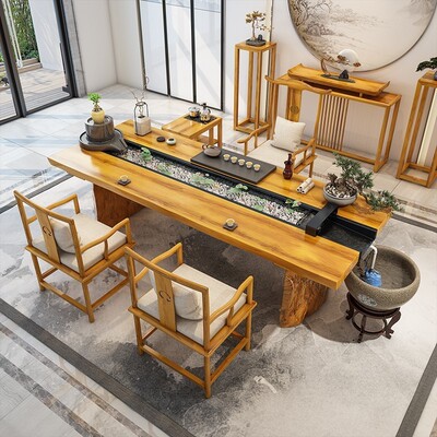 中式循环流水茶桌实木茶桌椅组合创意养鱼生态泡茶台茶室接客茶桌