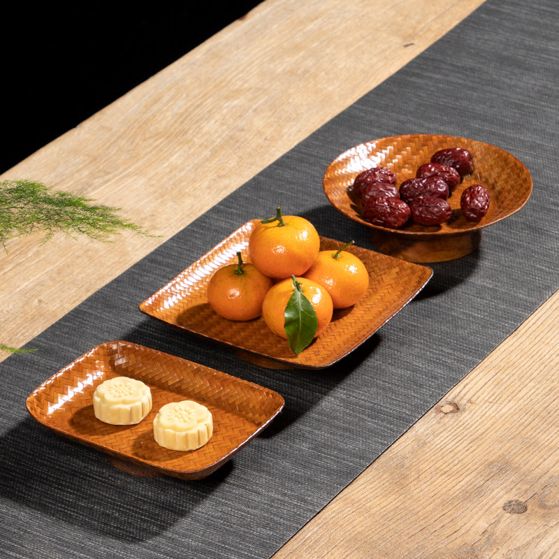 手工竹编茶点盘圆形高脚水果篮点心盘干果零食筐糕点托盘小吃碟子