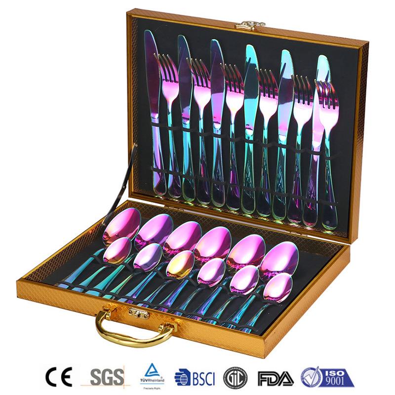 现货不锈钢刀叉勺24件餐套礼品色木盒套金0装镀钛金1010金盒110酒