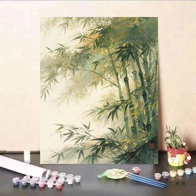 风数字油画填又YLV色diy简单好看国风景丙色烯画0基础涂画系竹林