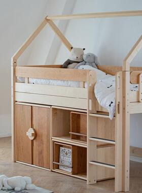 飞高梯屋床实木儿童床树屋半床城堡滑87101床高架衣柜子房床北欧