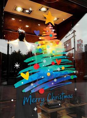 诞静电贴门店店铺橱树窗贴画圣布诞节装饰氛F99858TJ围置玻璃门圣