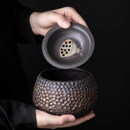 窑变鎏金莲蓬建水日式复古小茶渣缸废茶水桶小号锤纹陶瓷茶具配件