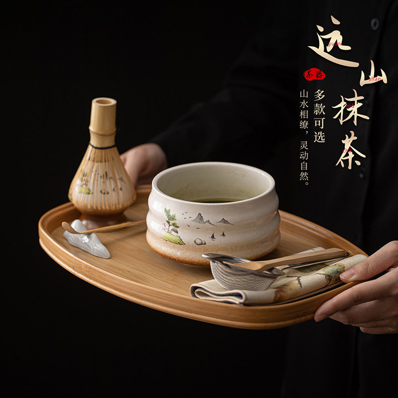 远山陶瓷抹茶八件套螺纹点茶碗茶筅立宋代茶百戏打茶整套搅拌工具