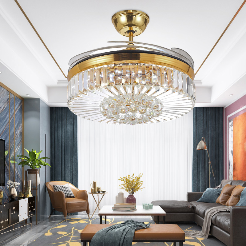欧式水晶隐形吊扇灯52寸客厅餐厅风扇灯卧室带电风扇吊灯一体静音