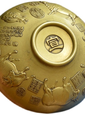 仿古纯铜碗浮雕五牛图中式古典茶碗书房摆件家用铜器家居装饰收藏