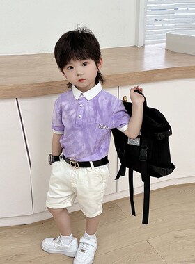 儿童夏季短袖Polo领上衣洋气紫色花纹T恤配小白短裤中小童休闲潮