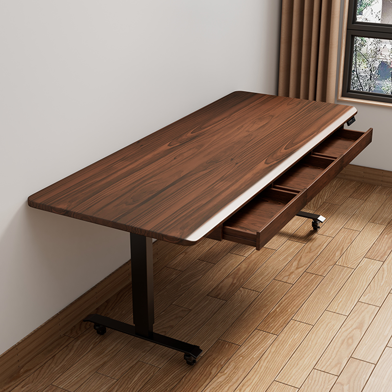 黑胡桃木电动升降台式电脑桌儿童家用学习桌站立办公电竞实木桌面