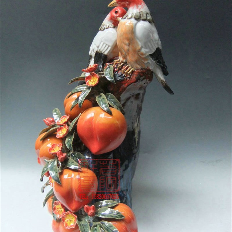 陶瓷工艺品 石湾公仔 福寿双至 寿桃摆件