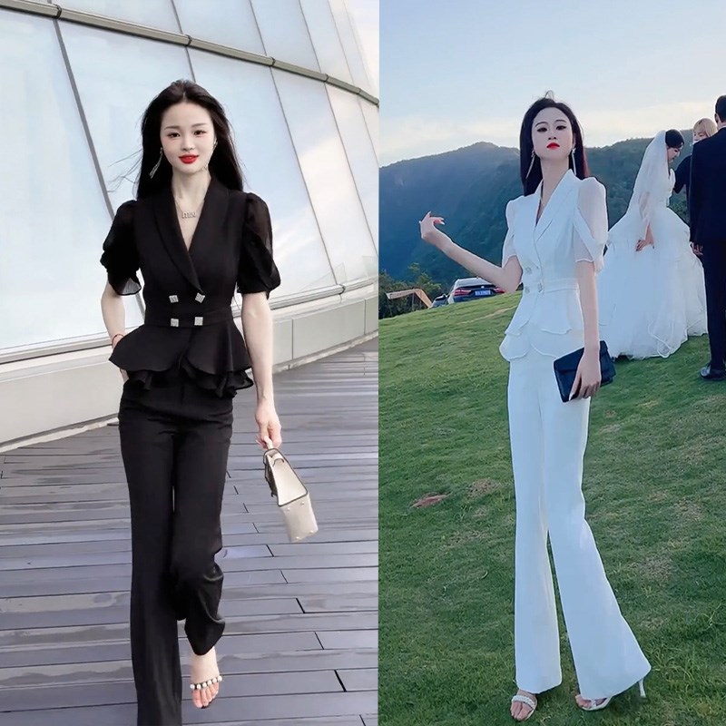 时尚优雅洋气职业套装女夏季新款荷叶边短袖显瘦上衣微喇裤两件套