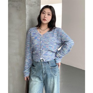 CV大码女装 秋季新款V领段染彩色长袖针织开衫内搭短款毛衣女胖MM