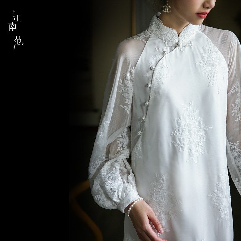 江南范新中式白色全开襟改良旗袍领证轻婚纱蕾丝复古茶服连衣裙春