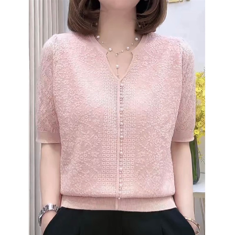 2024夏装新款v领短袖t恤女时尚百搭薄款设计感钉珠镂空针织衫上衣