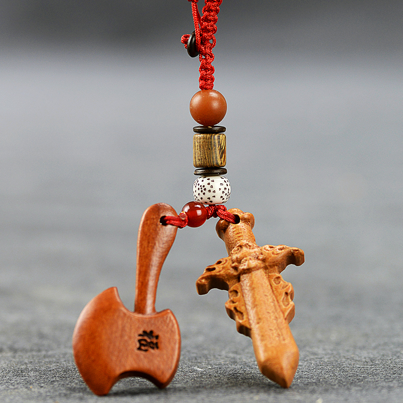 桃木斧子钥匙扣吊坠小饰品随身五帝钱桃木剑木雕汽车挂件饰品