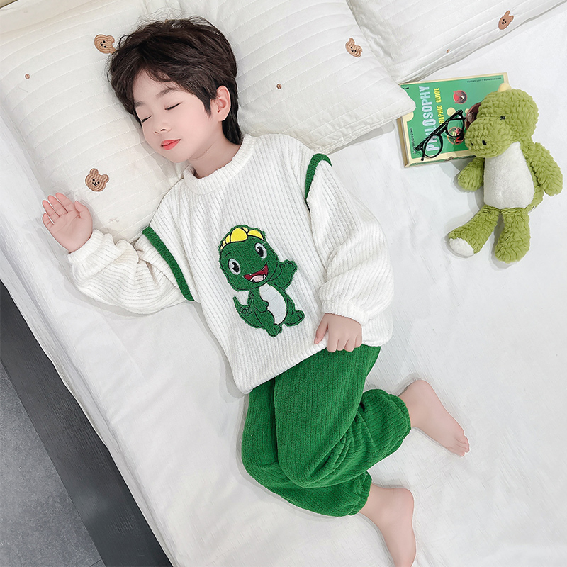 男童睡衣套装2025新款春秋冬男宝宝恐龙法兰绒加厚居家两件套款式